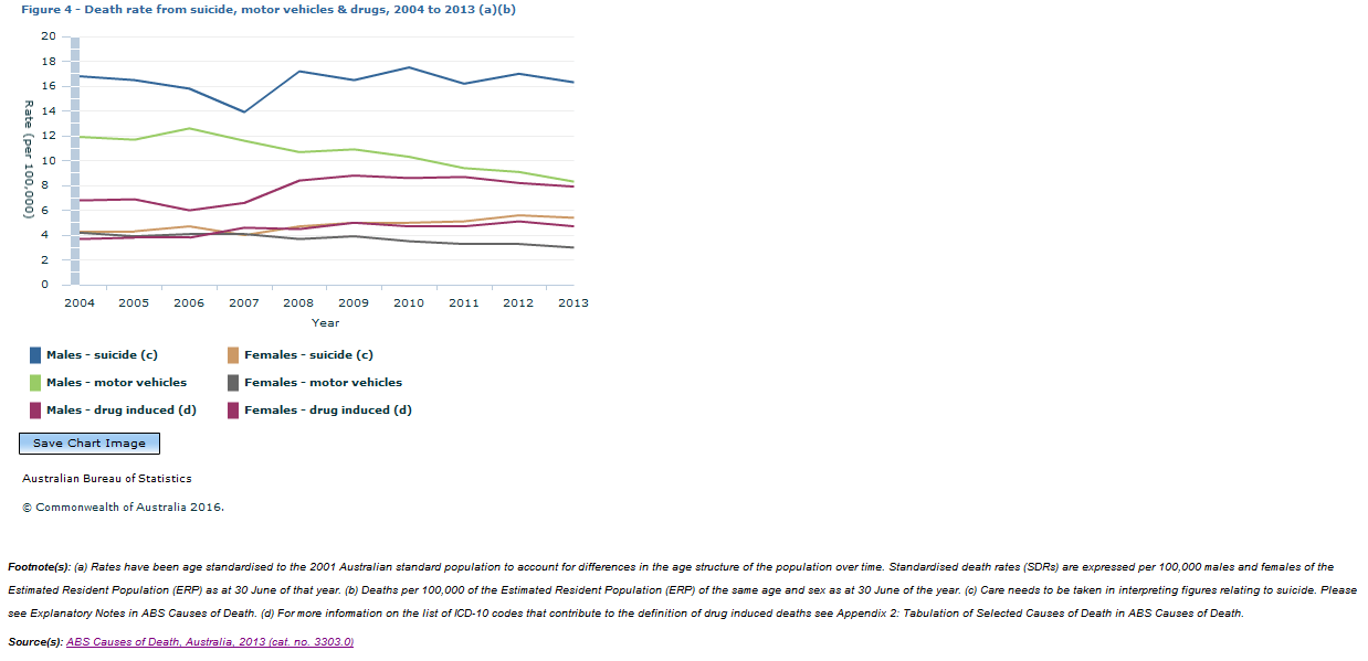 Graph Image for Figure 4 - Death rate from suicide, motor vehicles and drugs, 2004 to 2013 (a)(b)